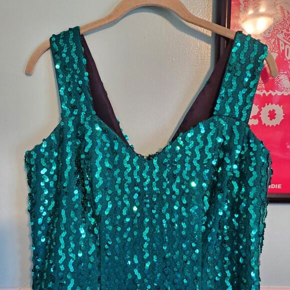 Vintage 80s Teal Sequin Embellished Sleeveless V Neck Mermaid Maxi Dress - Picture 5 of 16